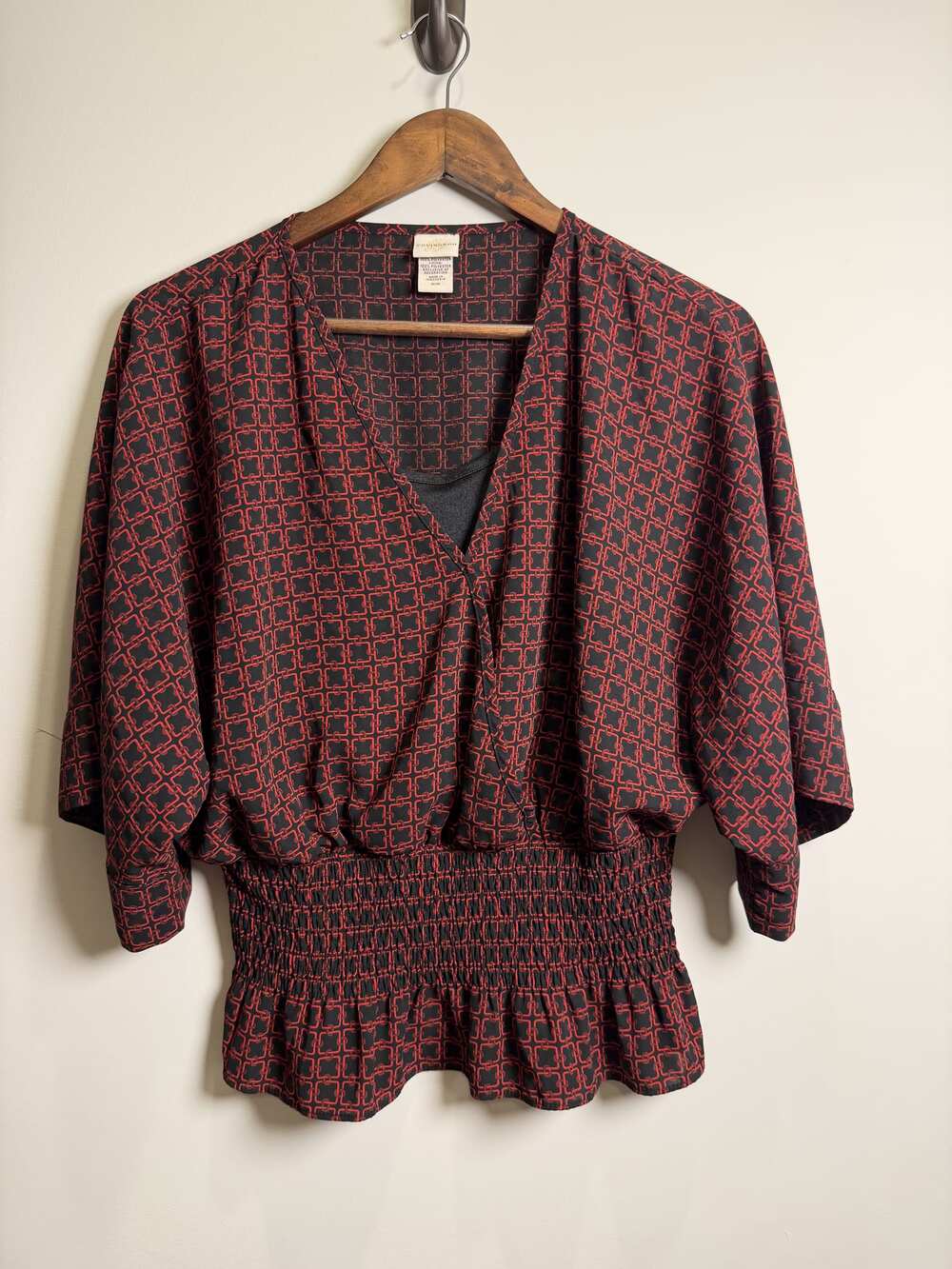 Covington Women's Black and Red Geometric Long-Sleeve Smocked-Waist Dress Size M